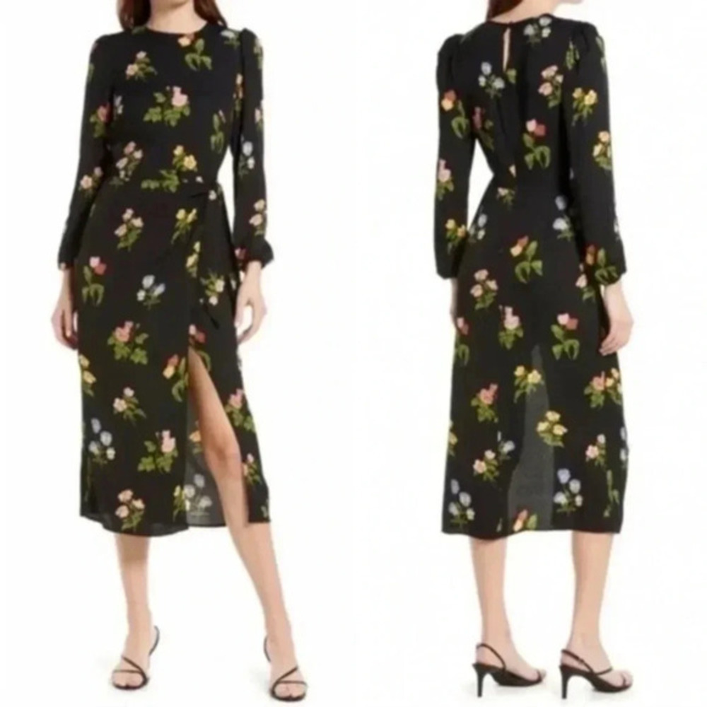 Reformation Black Reza Midi In Night Bloom Cocktail Dress B536